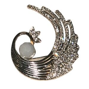 Vintage Silver‎ Tone Wave Brooch Rhinestone Milky White Stone Pin Accessory